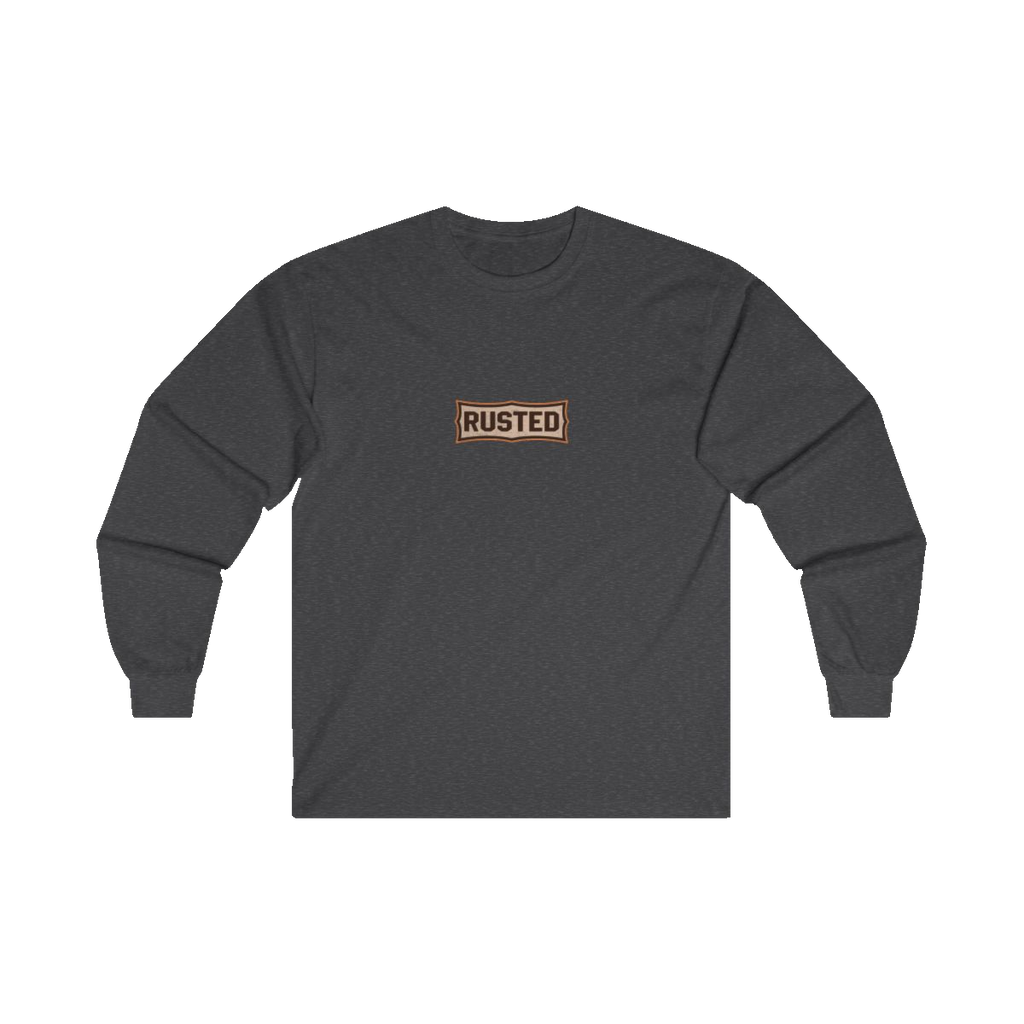 TRUST THE RUST chest badge on a dark heather long sleeve