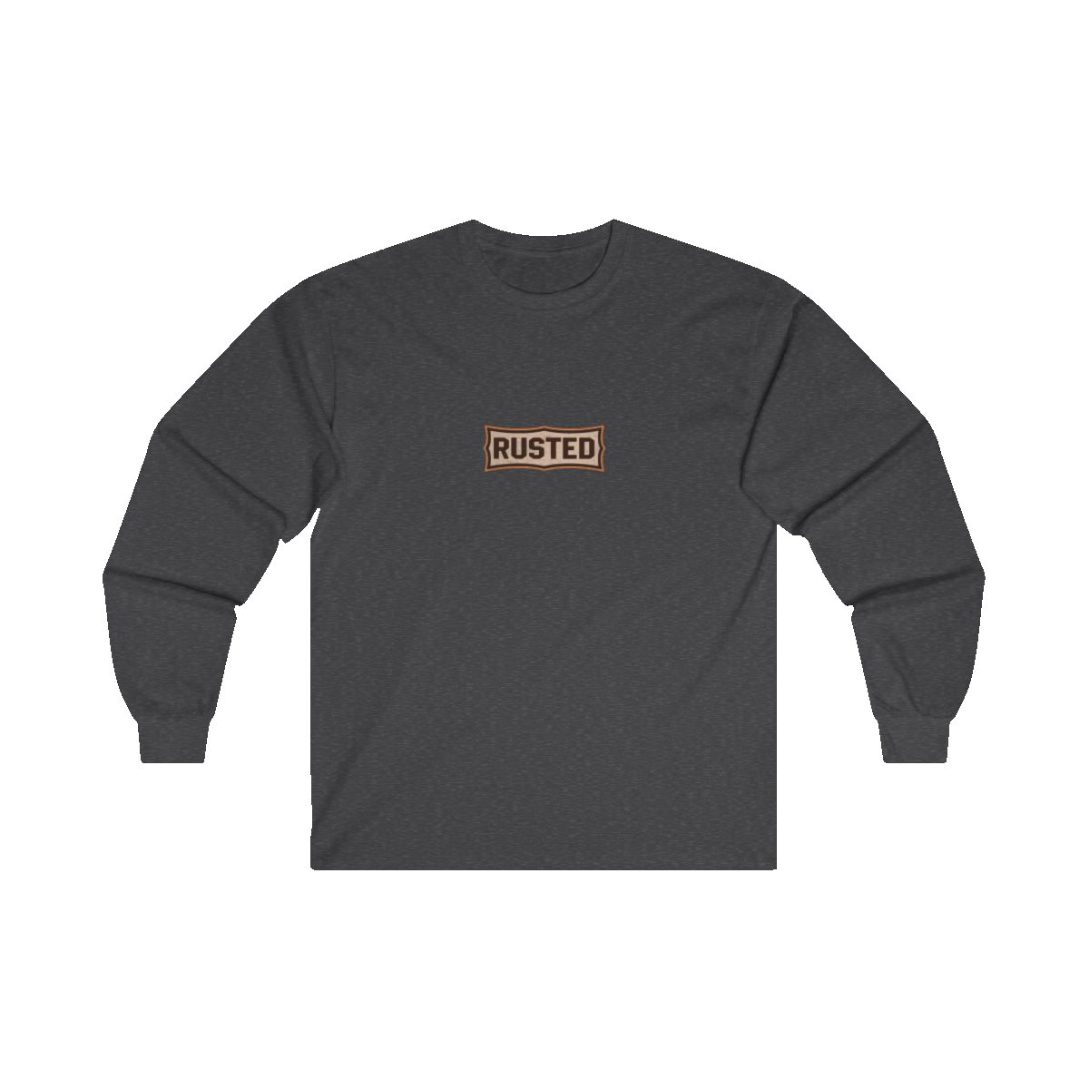 TRUST THE RUST chest badge on a dark heather long sleeve