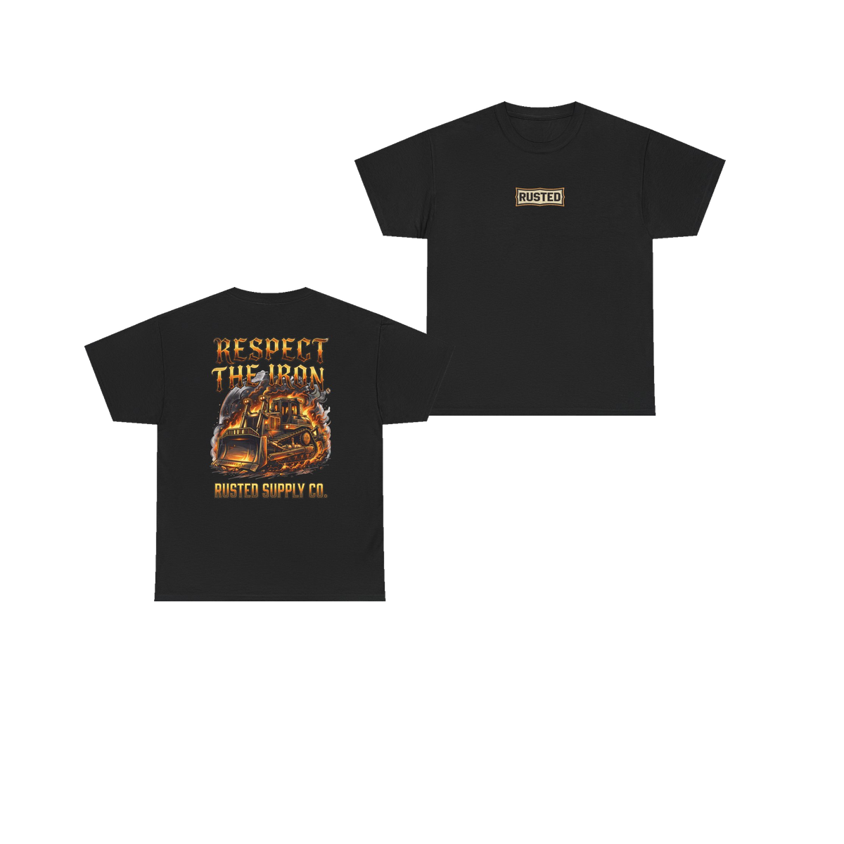 RESPECT THE IRON crawler dozer black tee, front and back