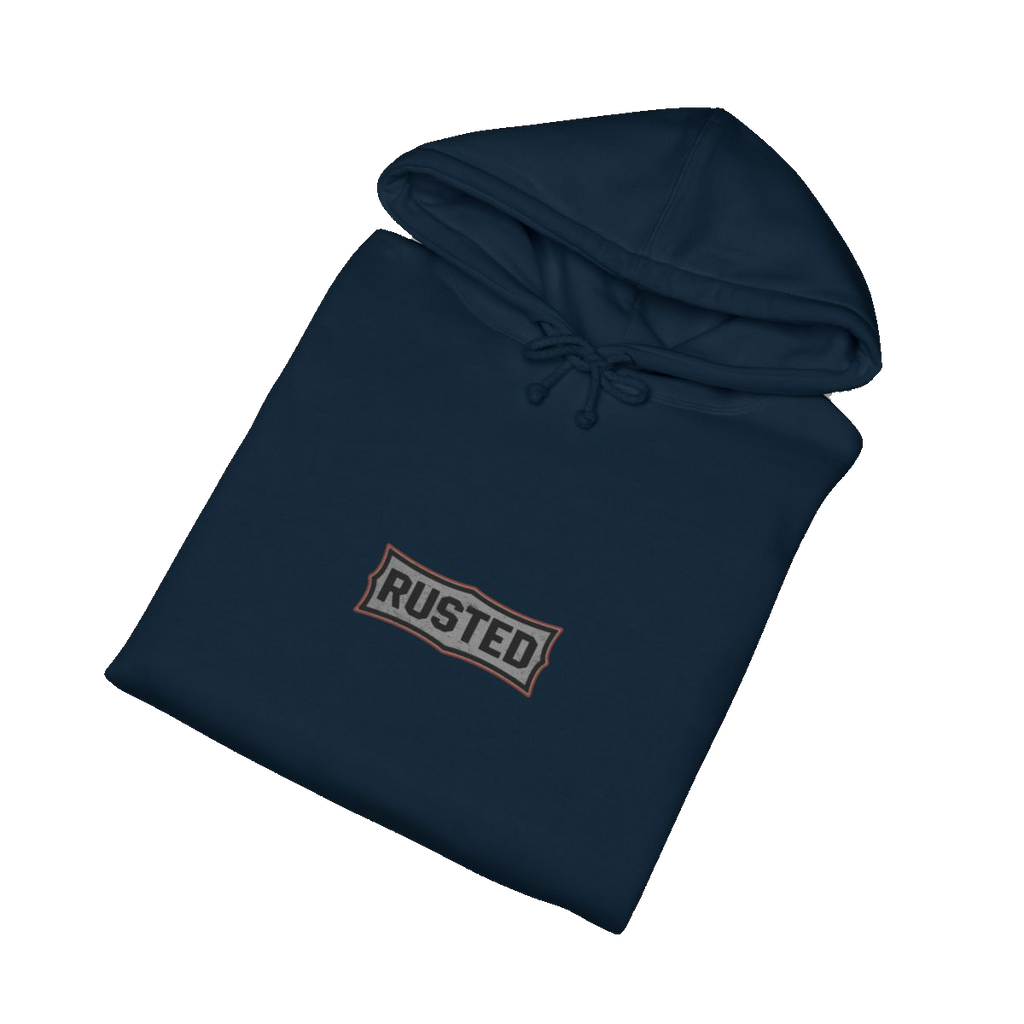 Folded navy TRUST THE RUST steam shovel hoodie