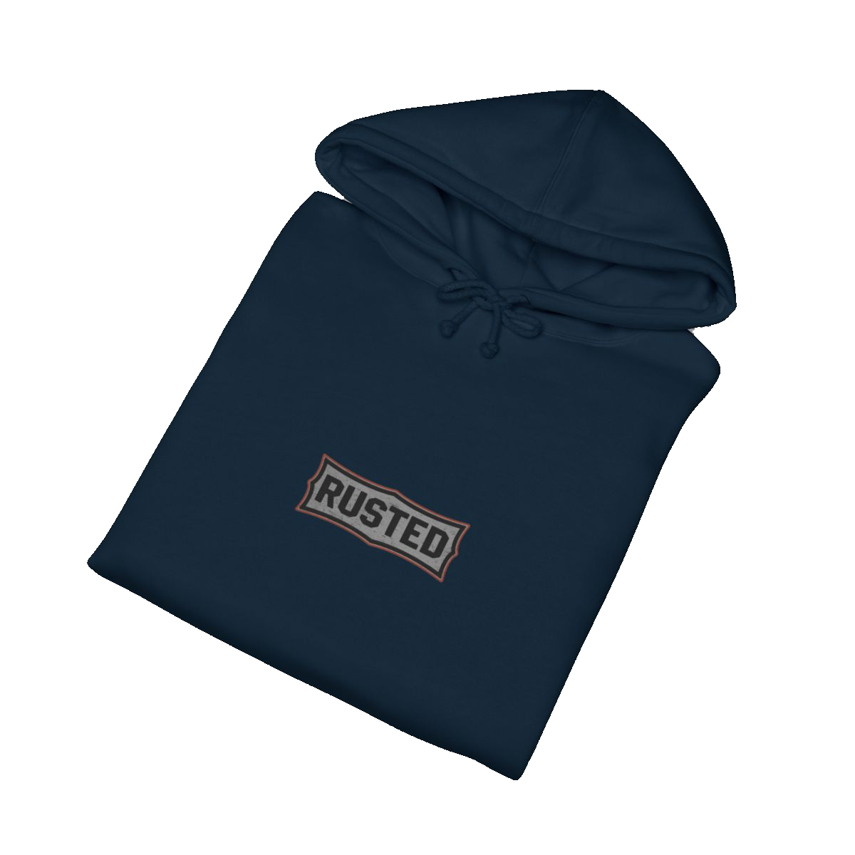 Folded navy TRUST THE RUST steam shovel hoodie