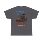 TRUST THE RUST steam roller back print on a charcoal tee