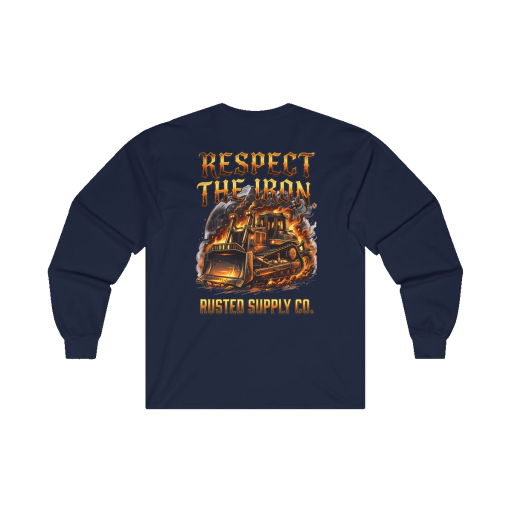 RESPECT THE IRON crawler dozer back print on a navy long sleeve