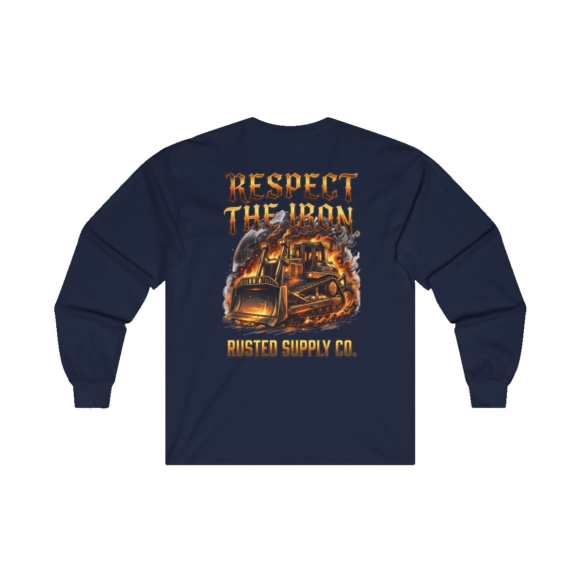 RESPECT THE IRON crawler dozer back print on a navy long sleeve