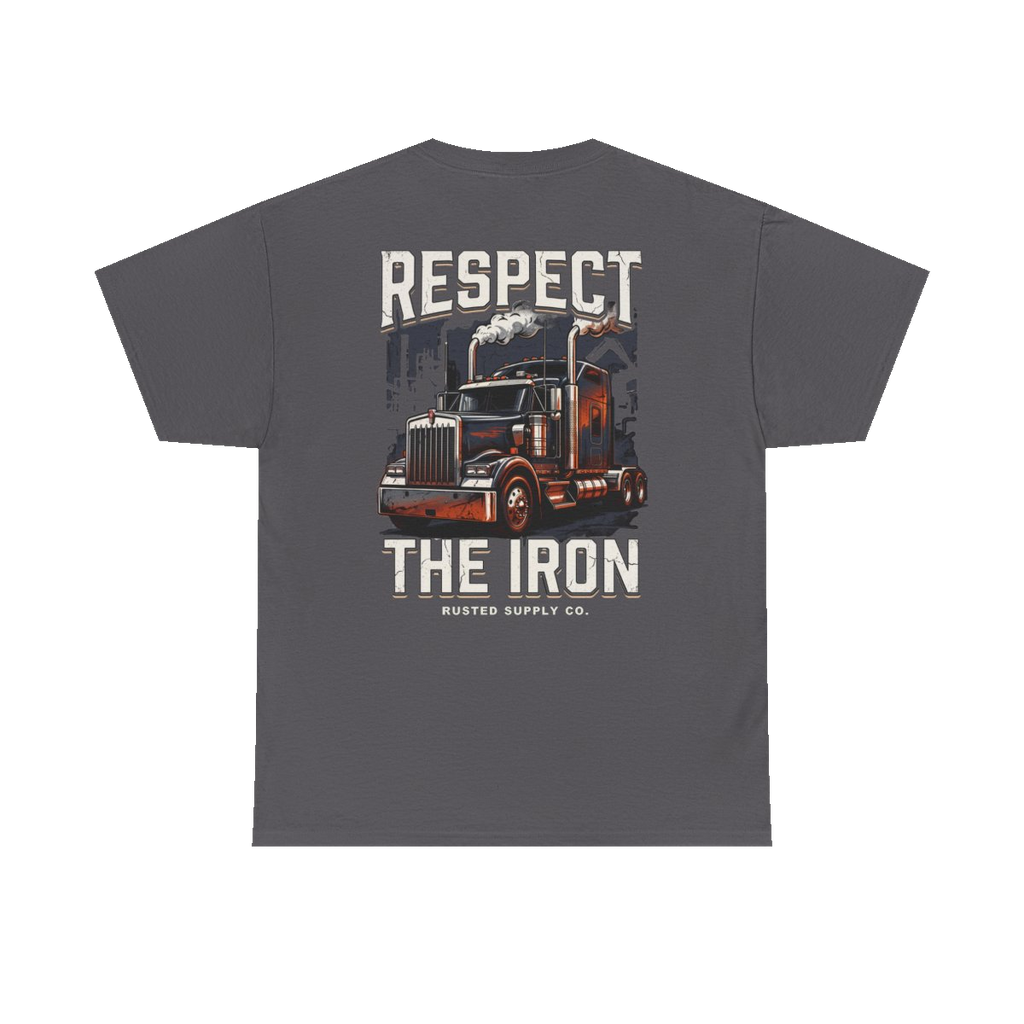 RESPECT THE IRON conventional semi back print on a charcoal tee