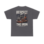 RESPECT THE IRON conventional semi back print on a charcoal tee