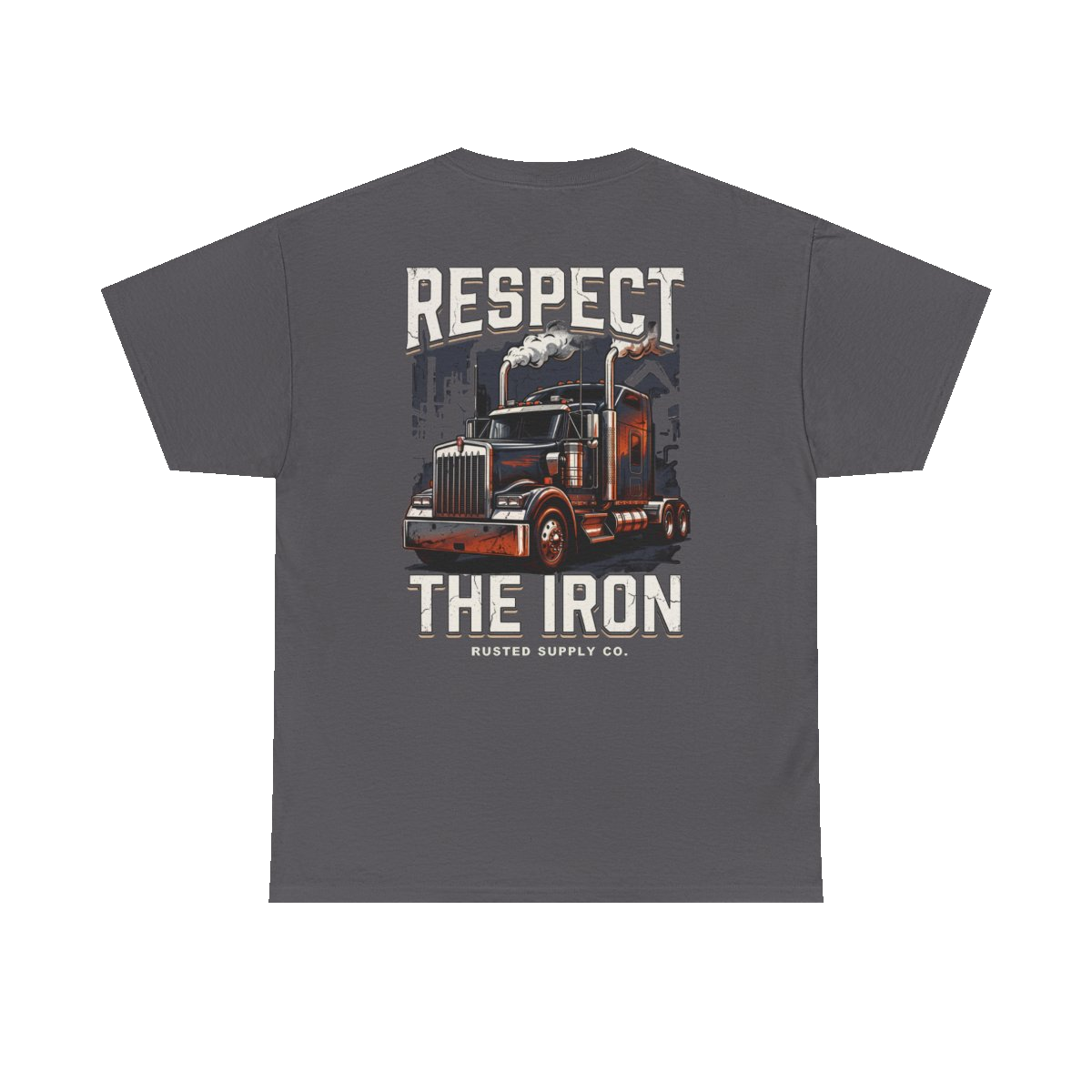 RESPECT THE IRON conventional semi back print on a charcoal tee