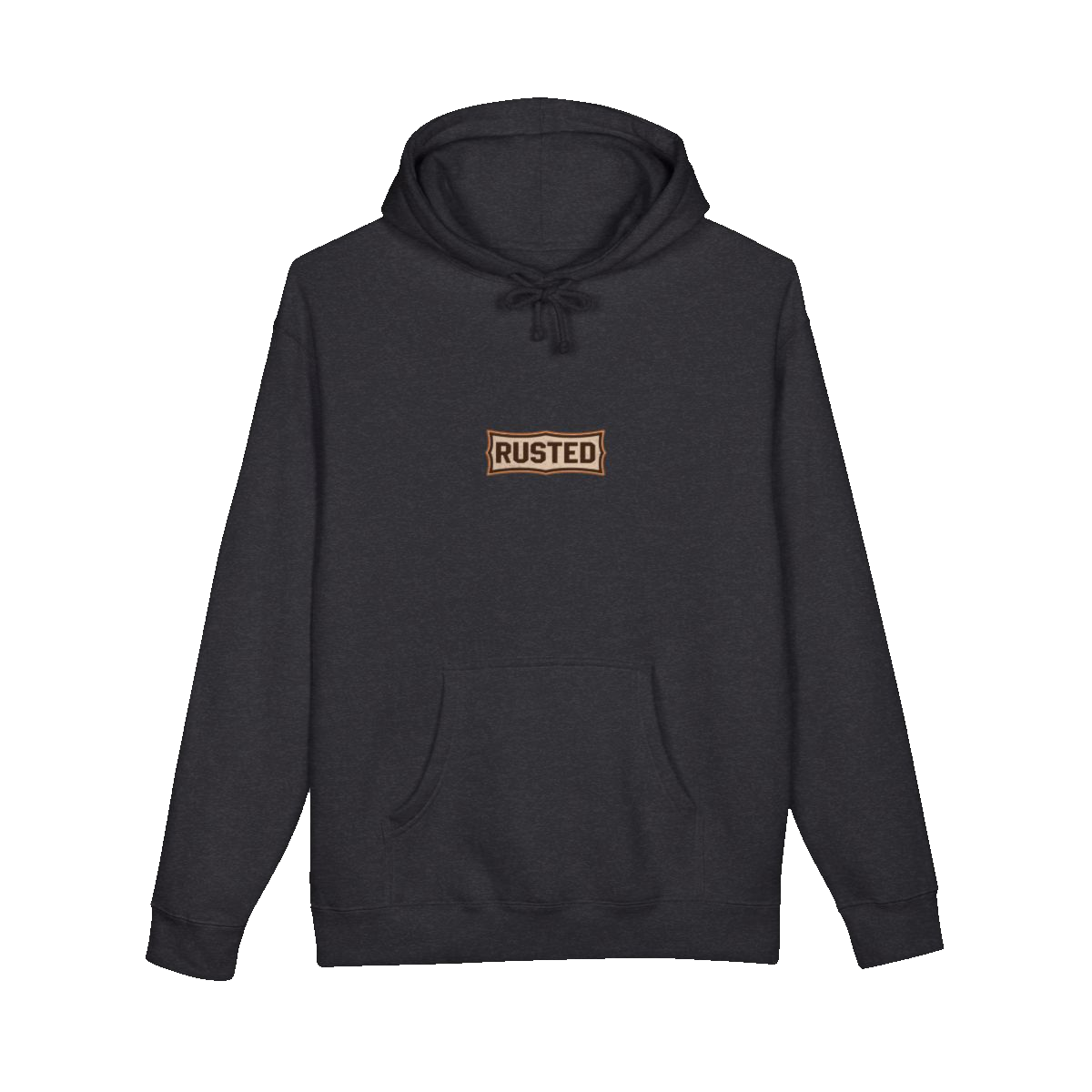 TRUST THE RUST chest badge on a charcoal heather hoodie