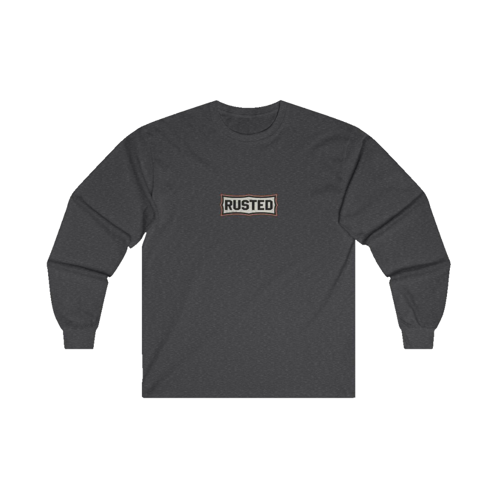 RESPECT THE IRON chest badge on a dark heather long sleeve