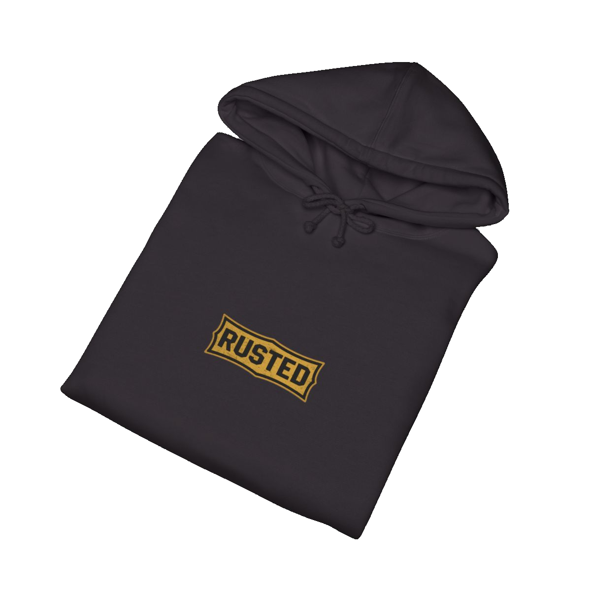 Folded black TRUST THE RUST motor grader hoodie