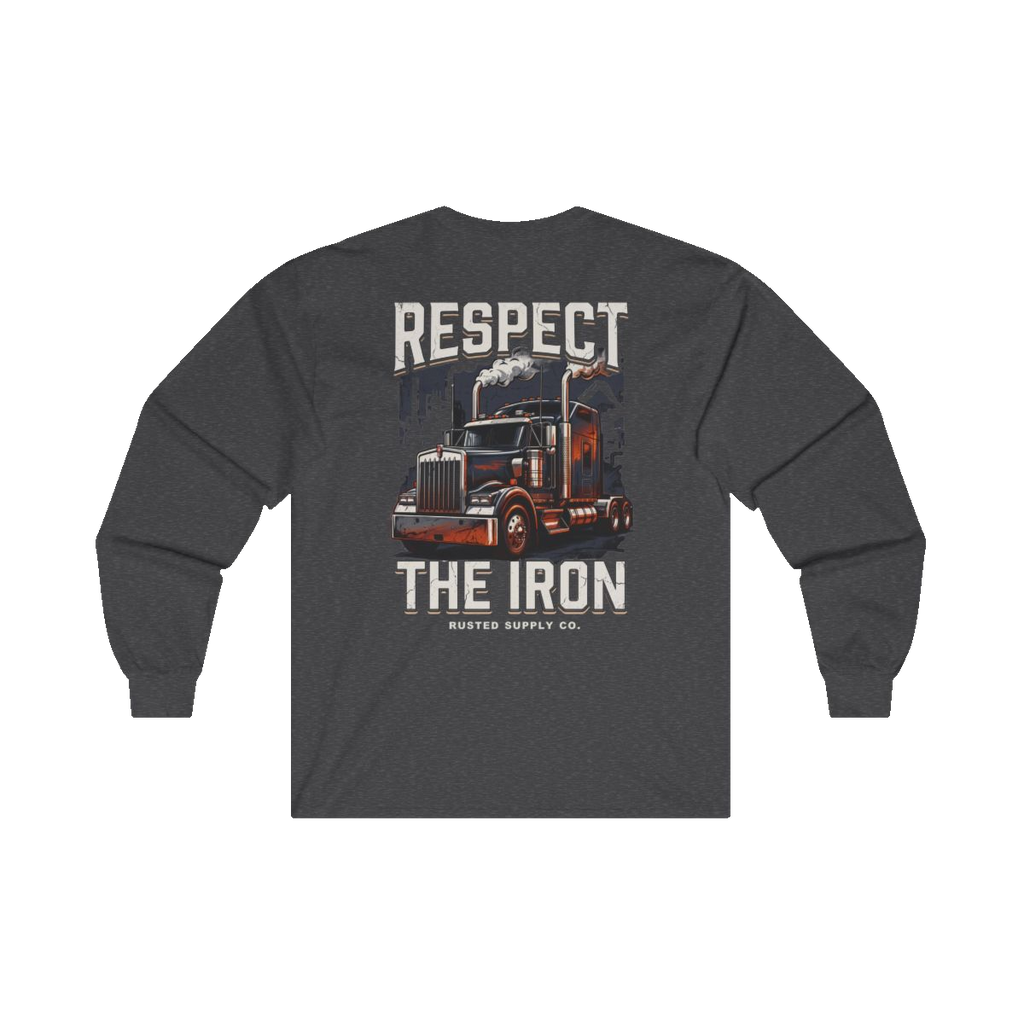 RESPECT THE IRON conventional semi back print on a dark heather long sleeve
