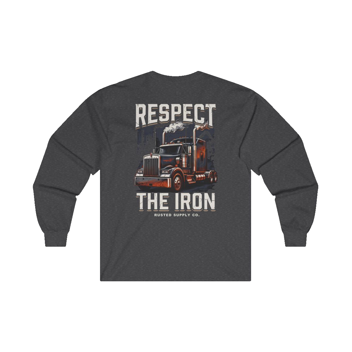RESPECT THE IRON conventional semi back print on a dark heather long sleeve
