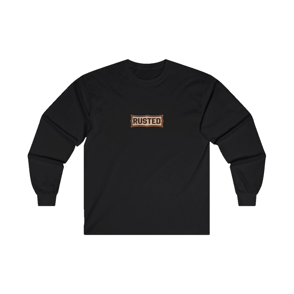 TRUST THE RUST chest badge on a black long sleeve