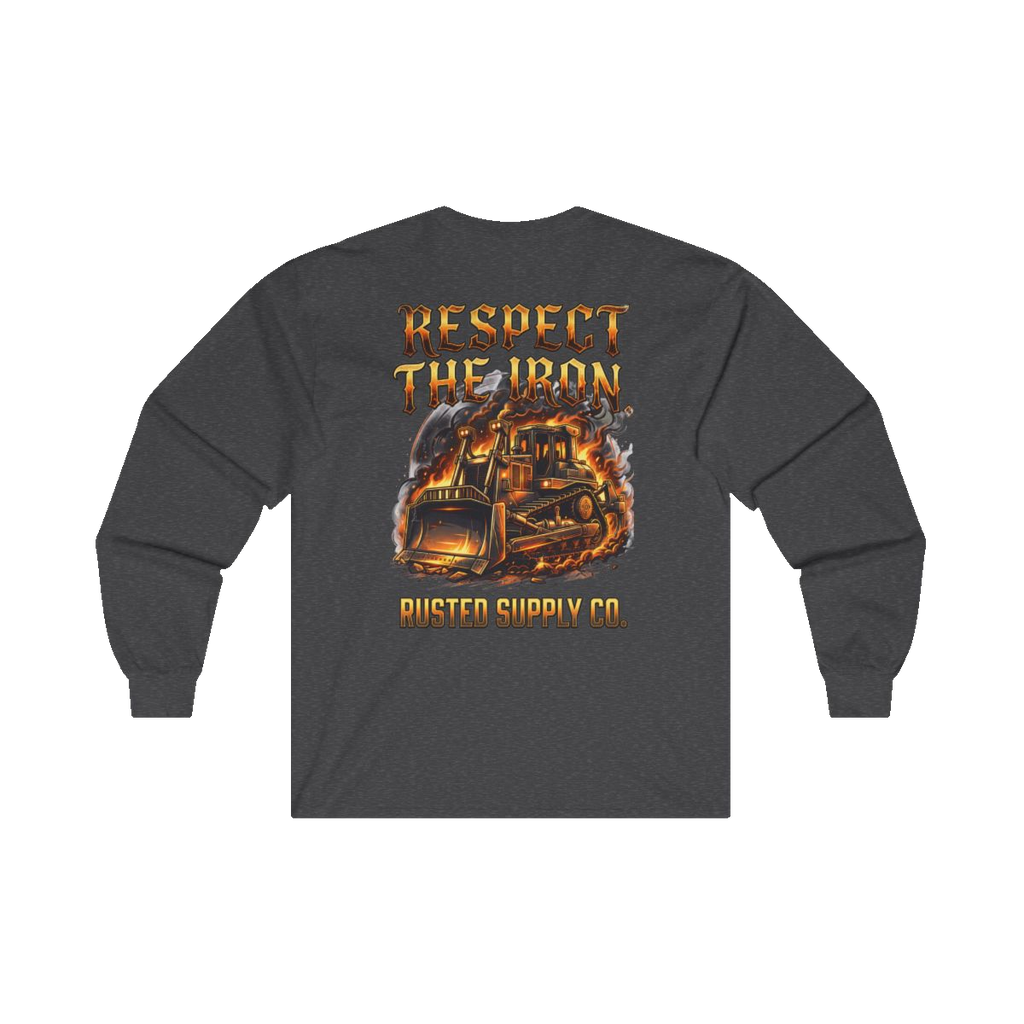 RESPECT THE IRON crawler dozer back print on a dark heather long sleeve