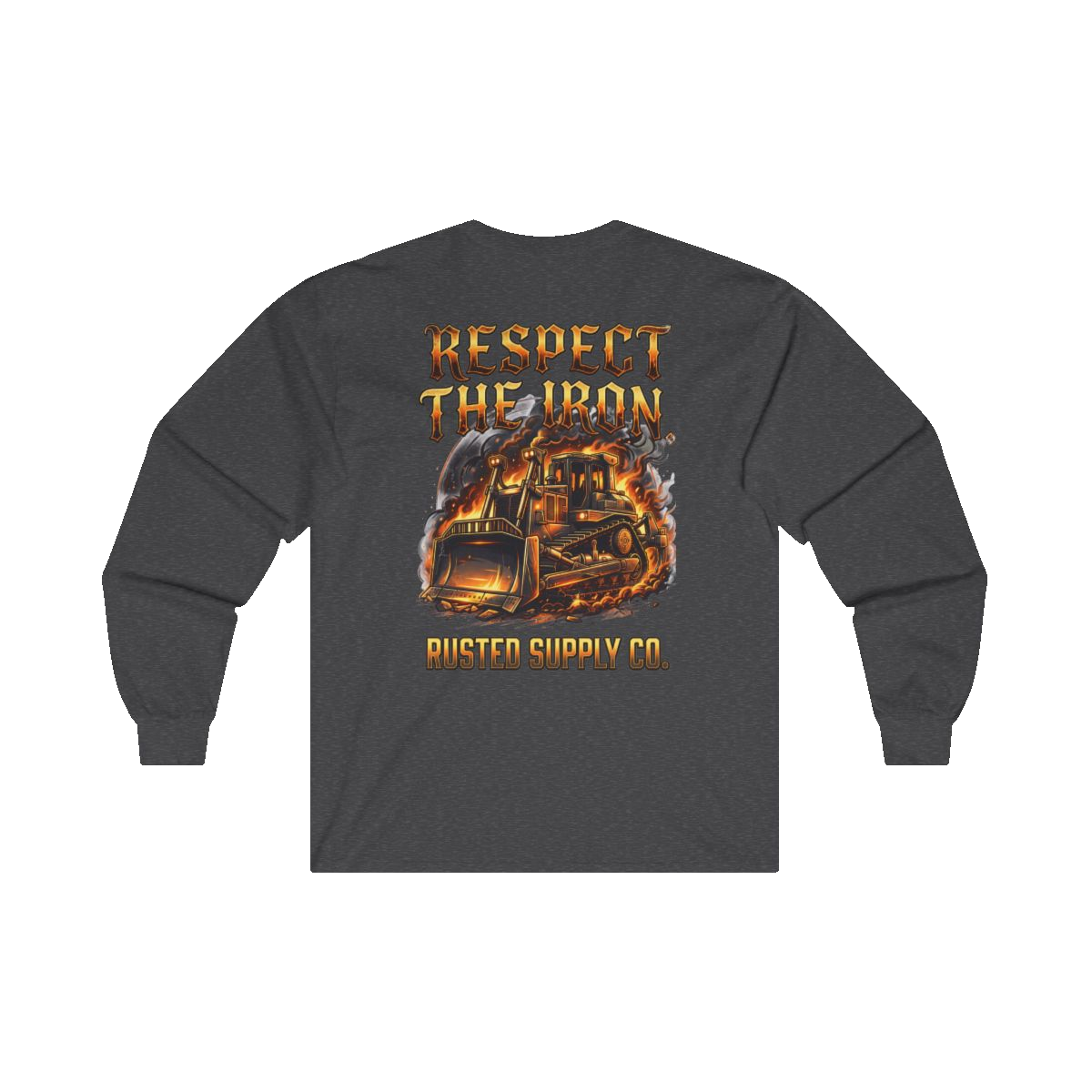 RESPECT THE IRON crawler dozer back print on a dark heather long sleeve