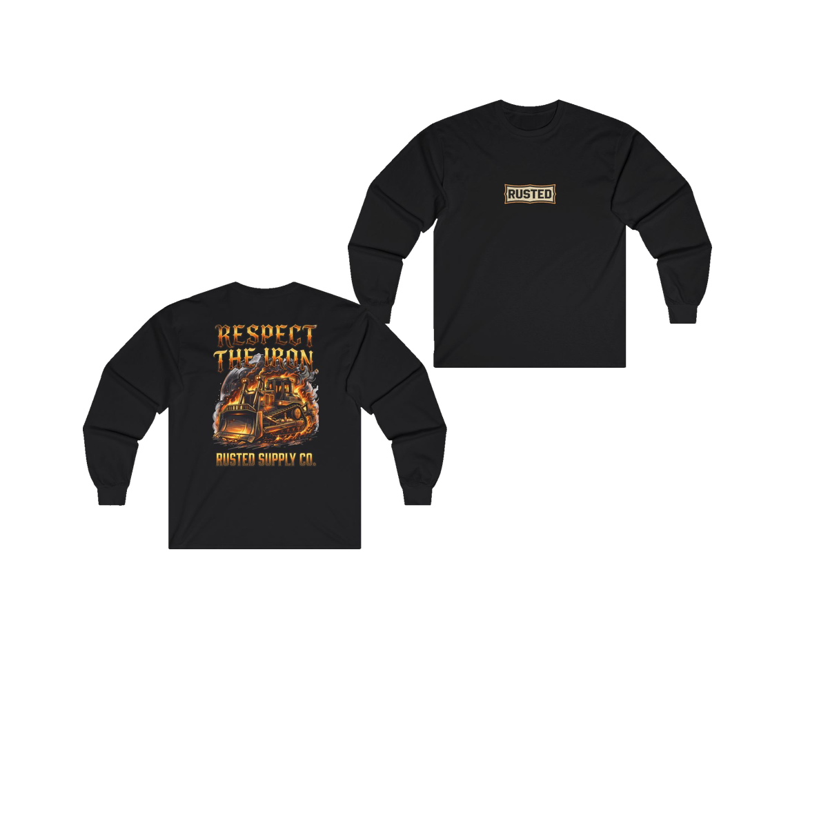 RESPECT THE IRON crawler dozer black long sleeve, front and back