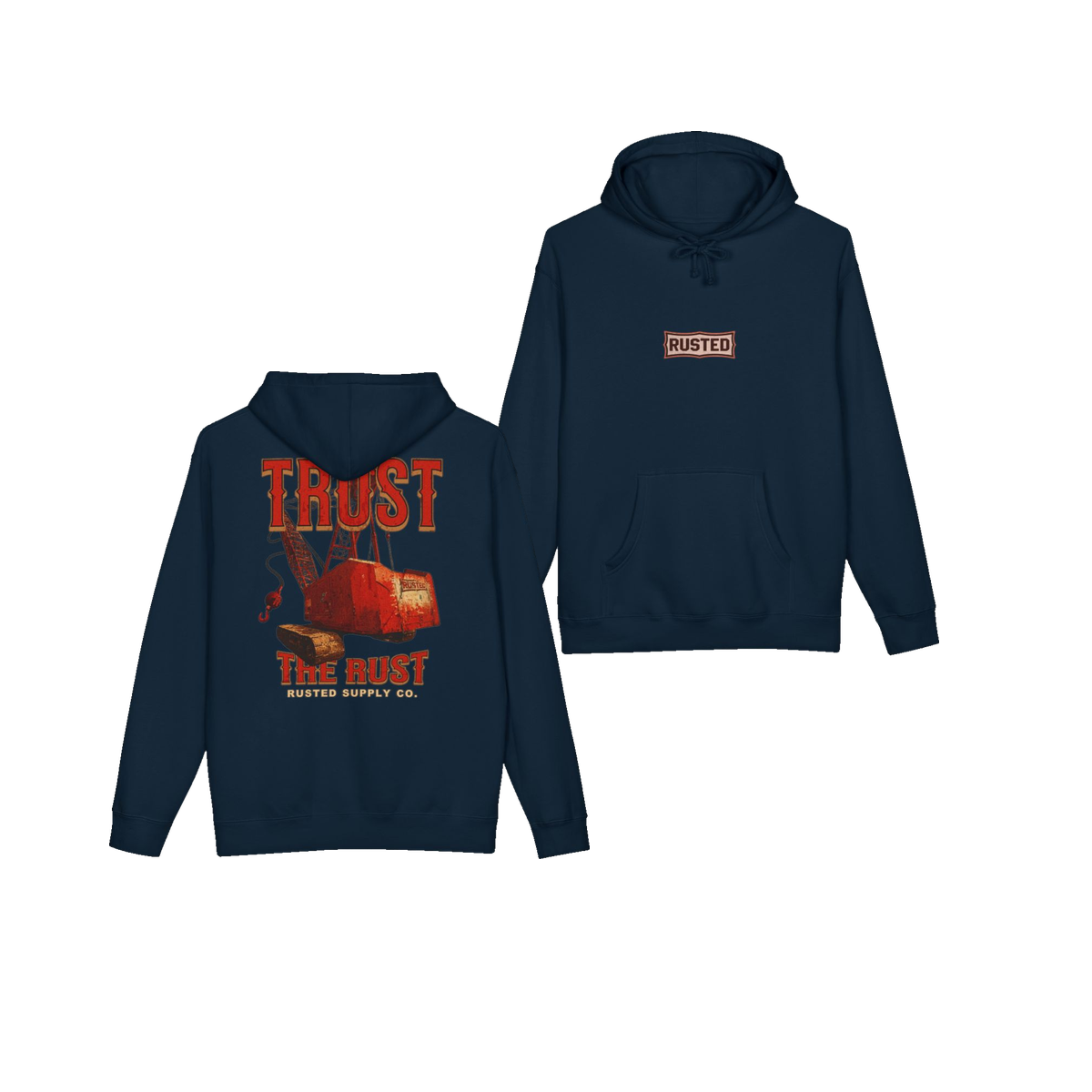 TRUST THE RUST dragline crane navy hoodie, front and back