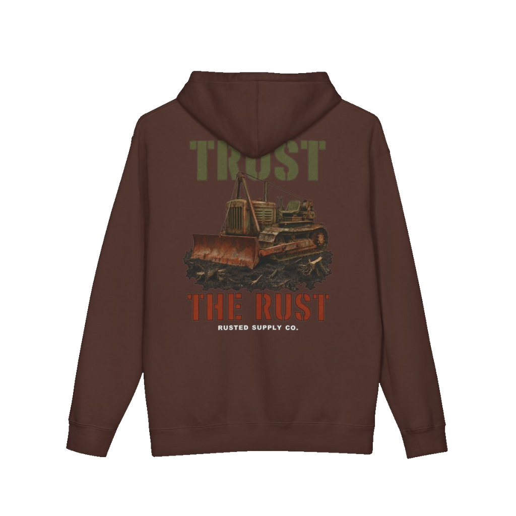TRUST THE RUST cable dozer back print on a brown hoodie