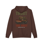 TRUST THE RUST cable dozer back print on a brown hoodie