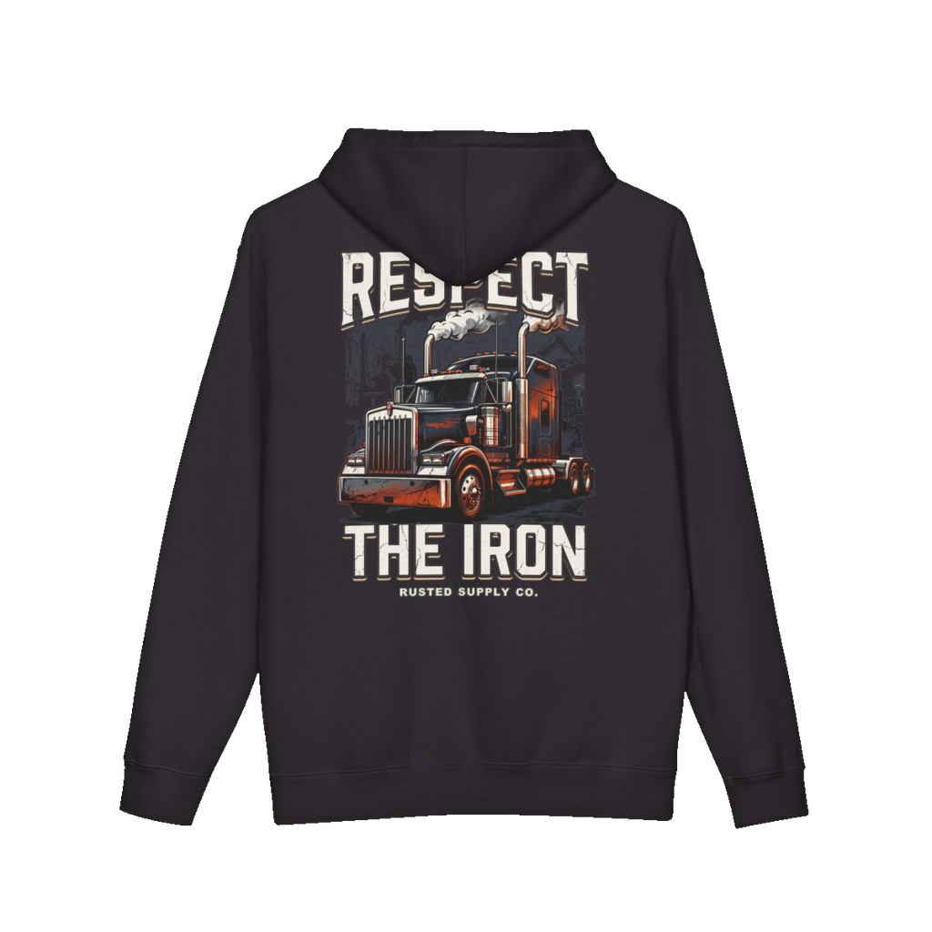 RESPECT THE IRON conventional semi back print on a black hoodie