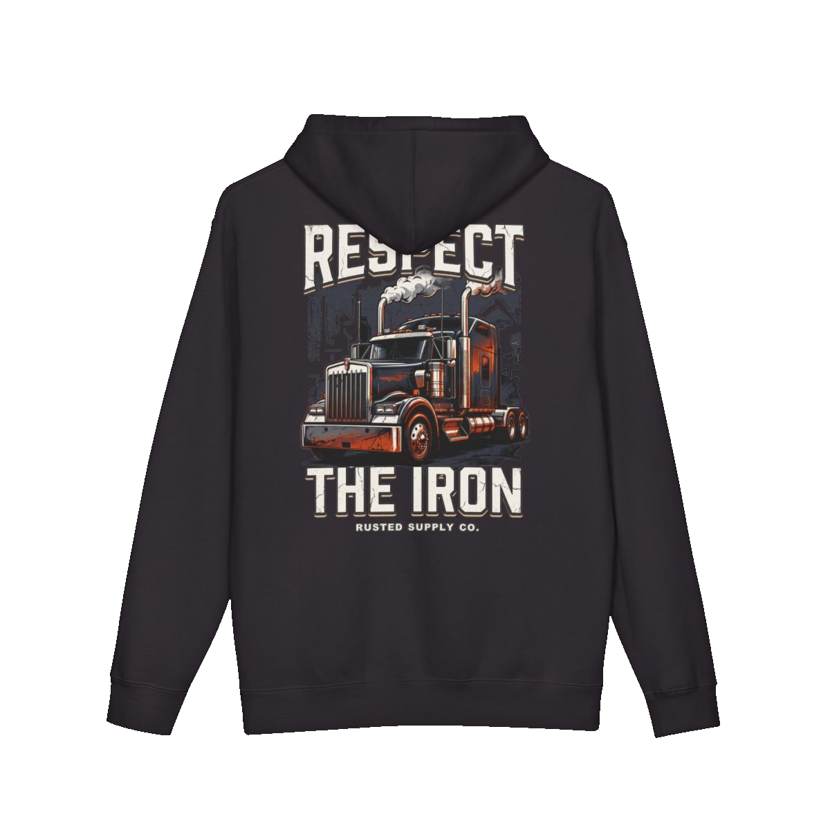 RESPECT THE IRON conventional semi back print on a black hoodie