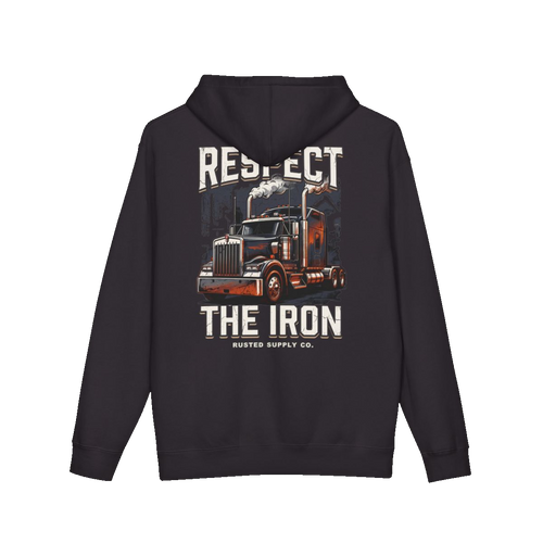 RESPECT THE IRON conventional semi back print on a black hoodie