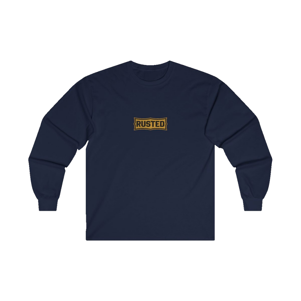 TRUST THE RUST chest badge on a navy long sleeve