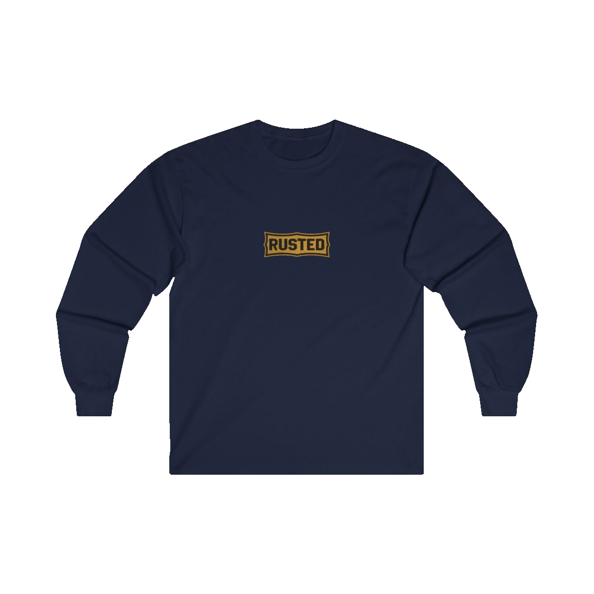 TRUST THE RUST chest badge on a navy long sleeve