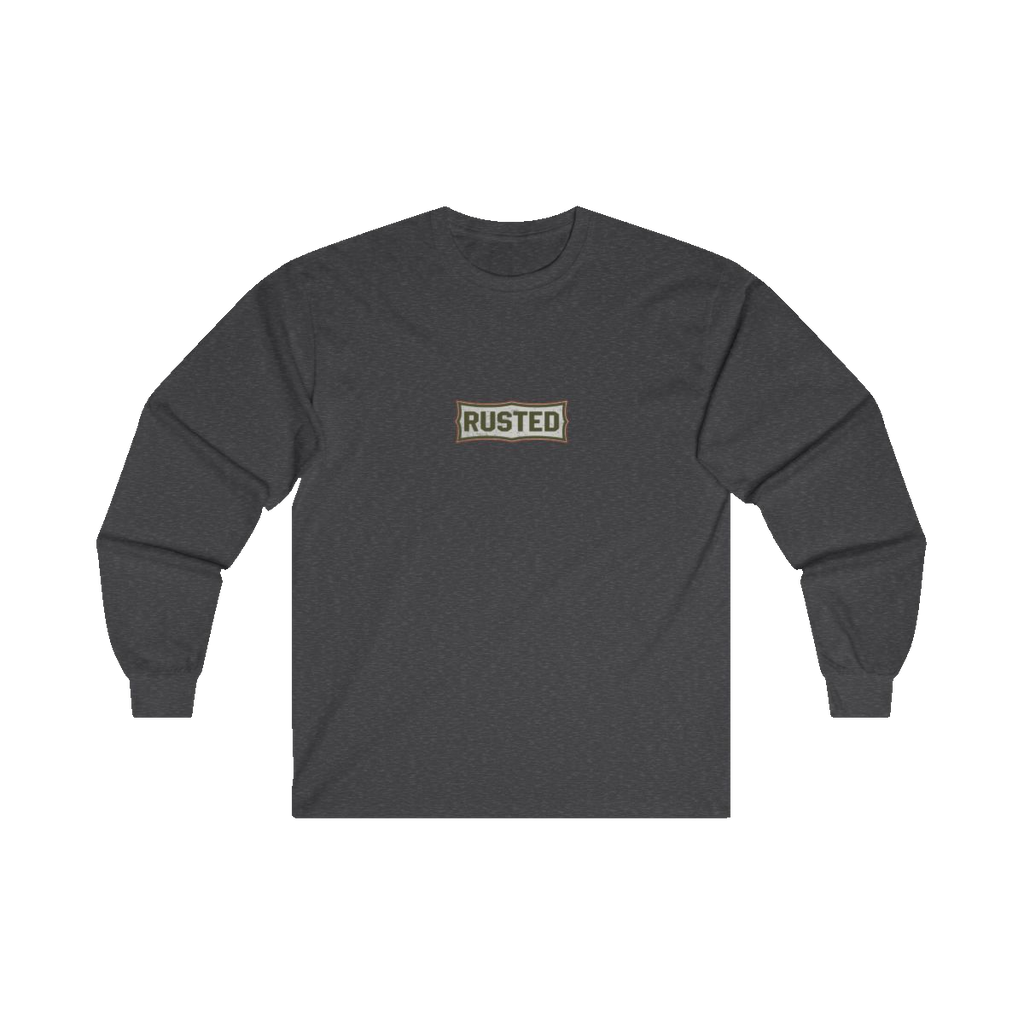 TRUST THE RUST chest badge on a dark heather long sleeve