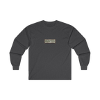 TRUST THE RUST chest badge on a dark heather long sleeve