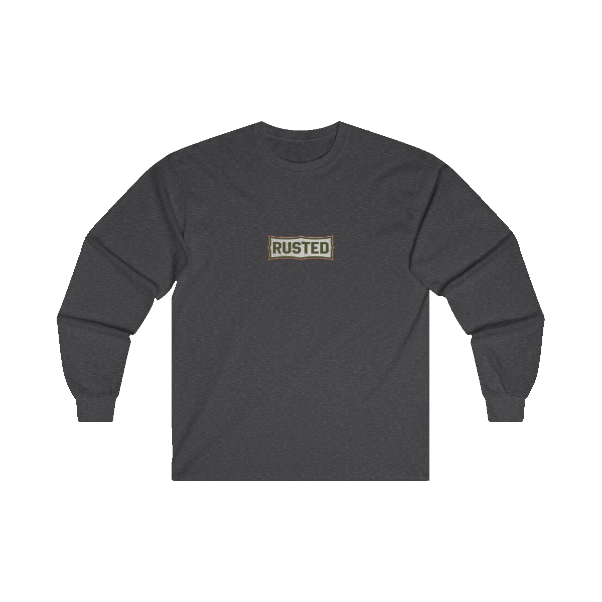 TRUST THE RUST chest badge on a dark heather long sleeve