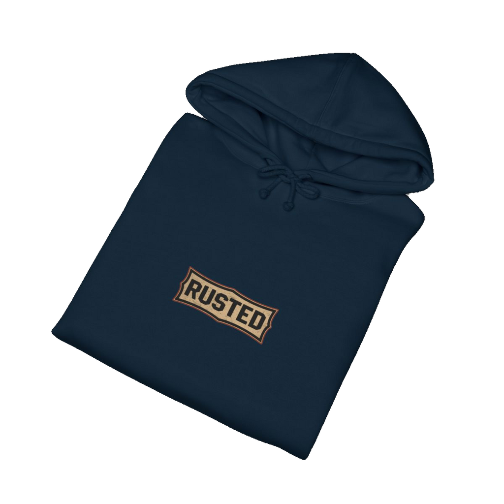 Folded navy RESPECT THE IRON crawler crane hoodie