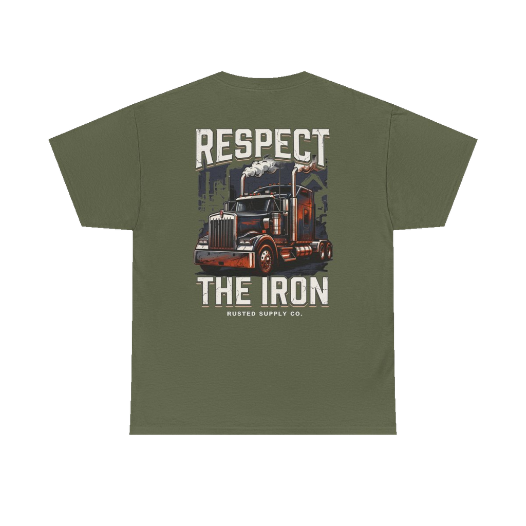 RESPECT THE IRON conventional semi back print on a military green tee