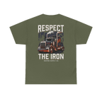 RESPECT THE IRON conventional semi back print on a military green tee