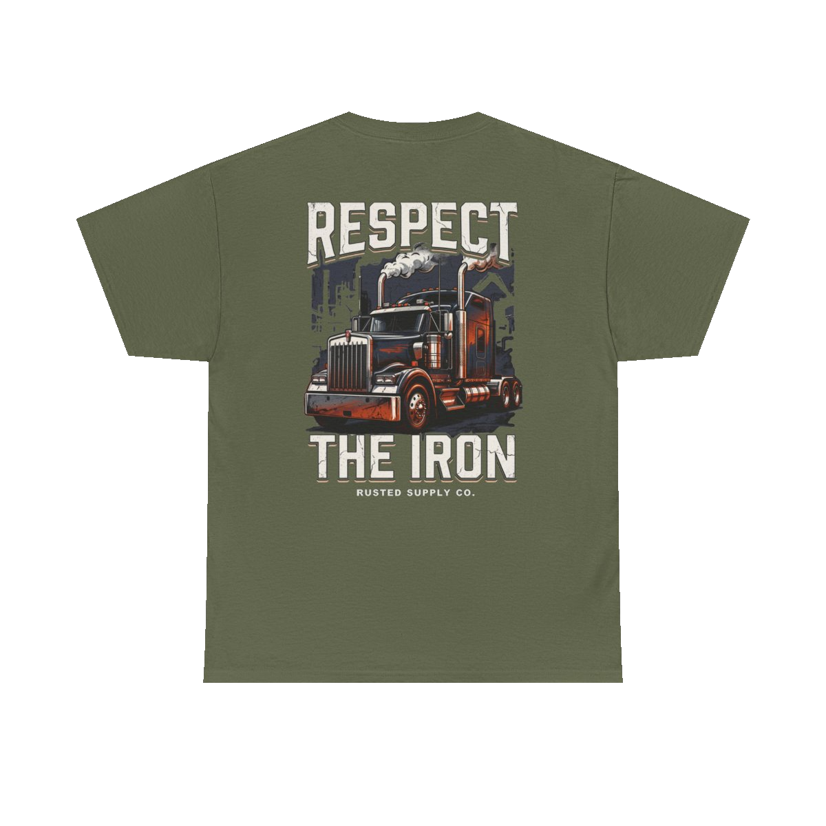 RESPECT THE IRON conventional semi back print on a military green tee