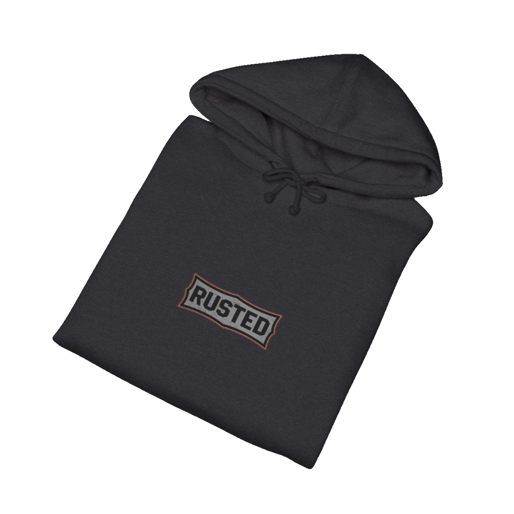 Folded charcoal heather TRUST THE RUST steam shovel hoodie