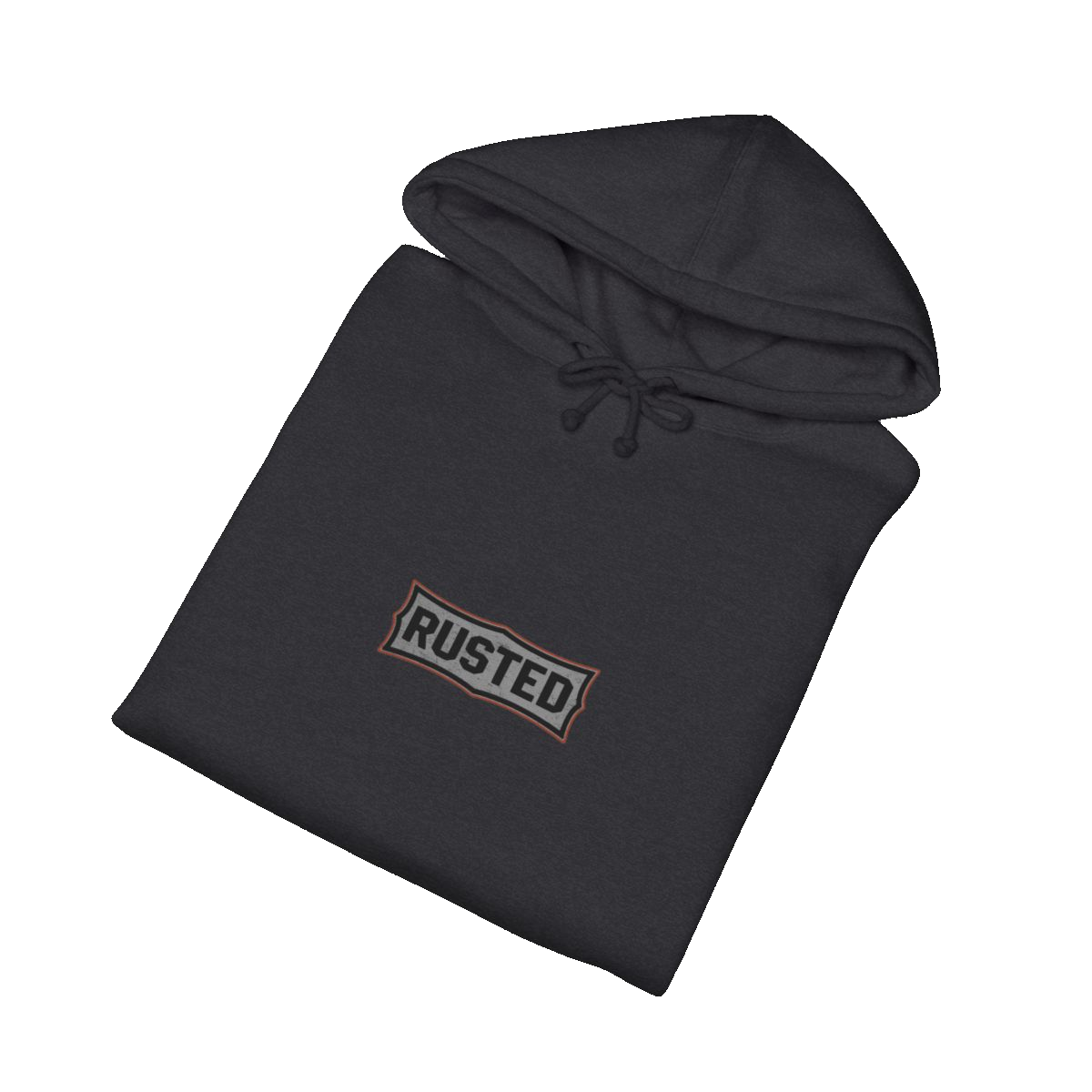 Folded charcoal heather TRUST THE RUST steam shovel hoodie