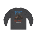 TRUST THE RUST steam roller back print on a dark heather long sleeve
