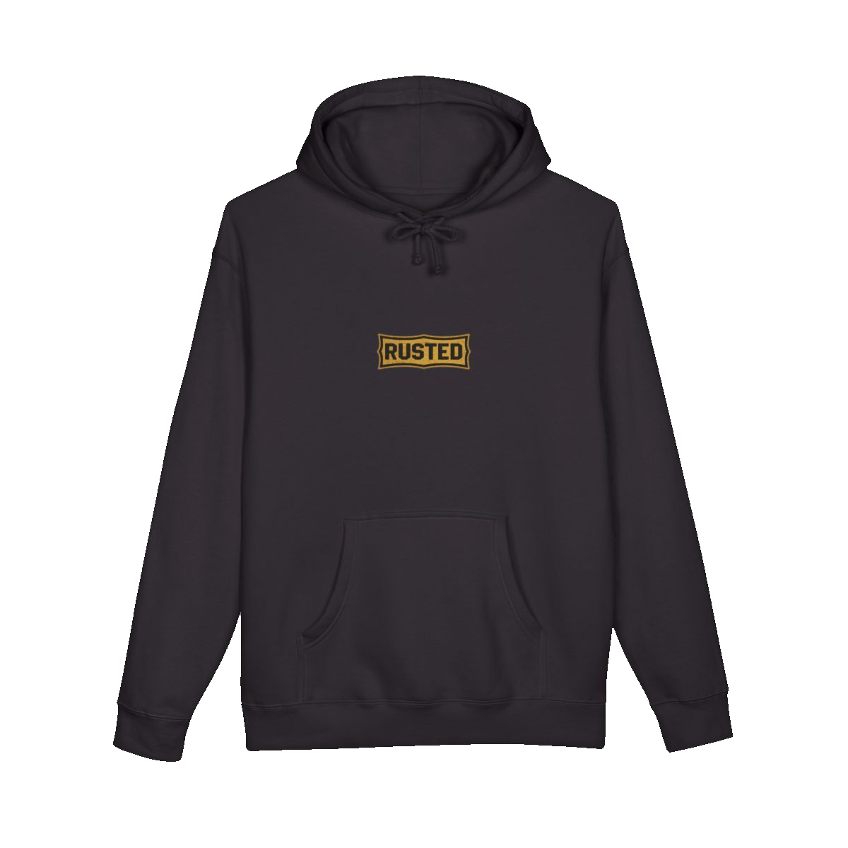 TRUST THE RUST chest badge on a black hoodie