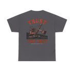 TRUST THE RUST steam shovel back print on a charcoal tee