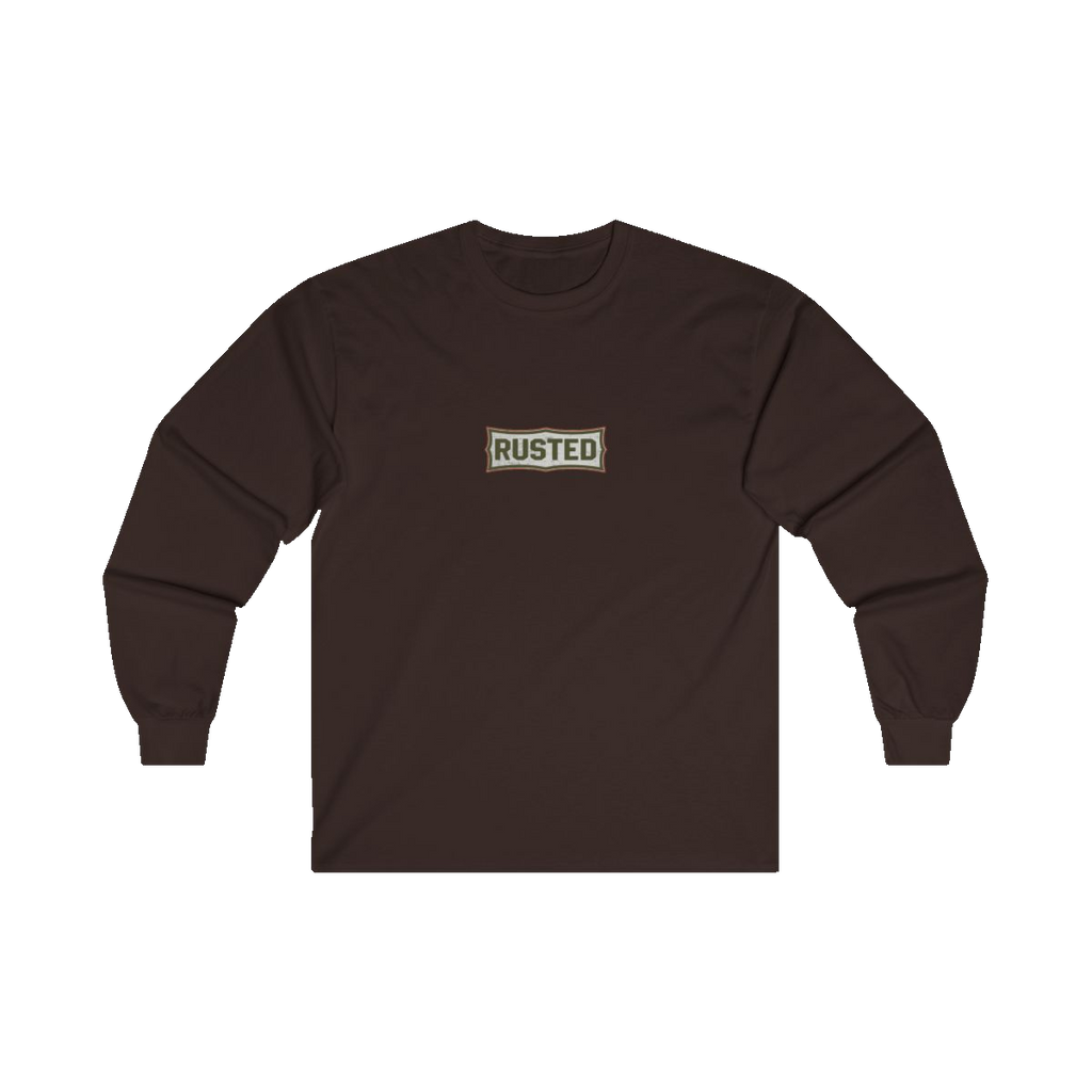 TRUST THE RUST chest badge on a dark chocolate long sleeve
