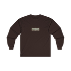 TRUST THE RUST chest badge on a dark chocolate long sleeve
