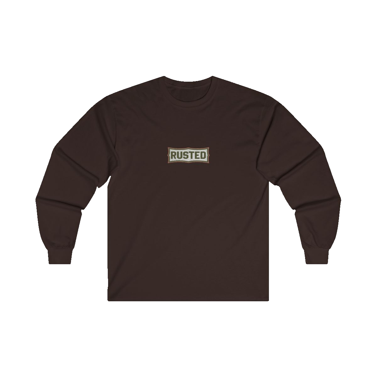 TRUST THE RUST chest badge on a dark chocolate long sleeve