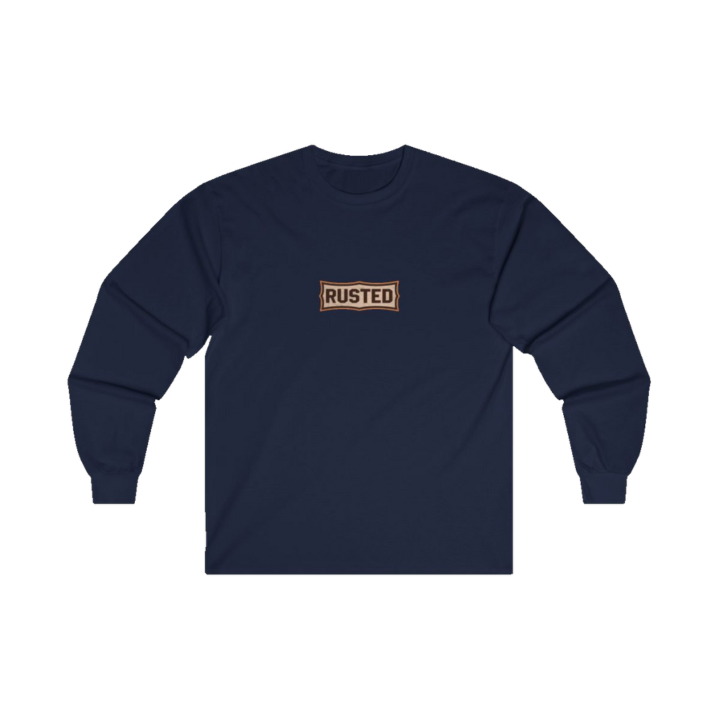 TRUST THE RUST chest badge on a navy long sleeve