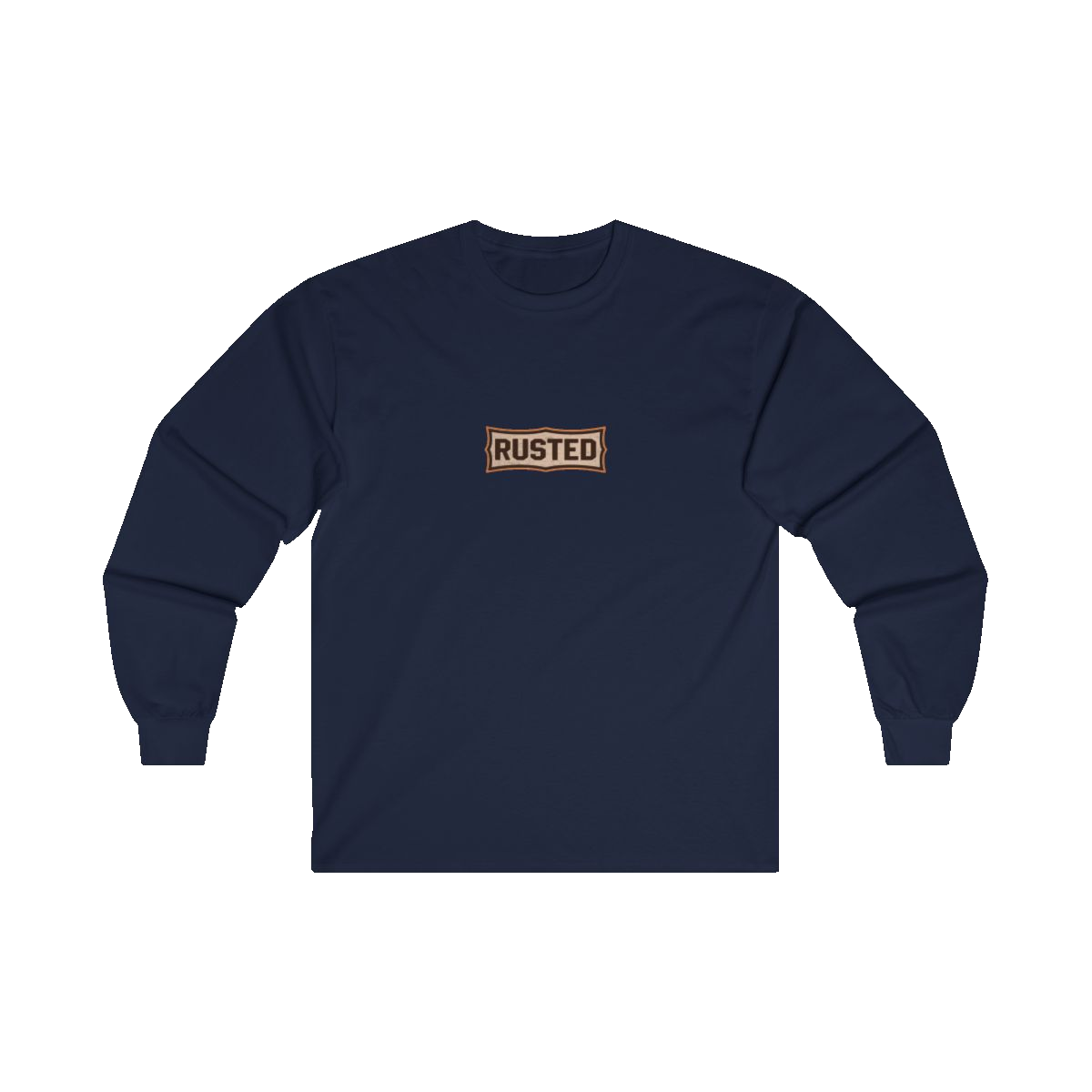 TRUST THE RUST chest badge on a navy long sleeve