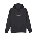 TRUST THE RUST chest badge on a charcoal heather hoodie