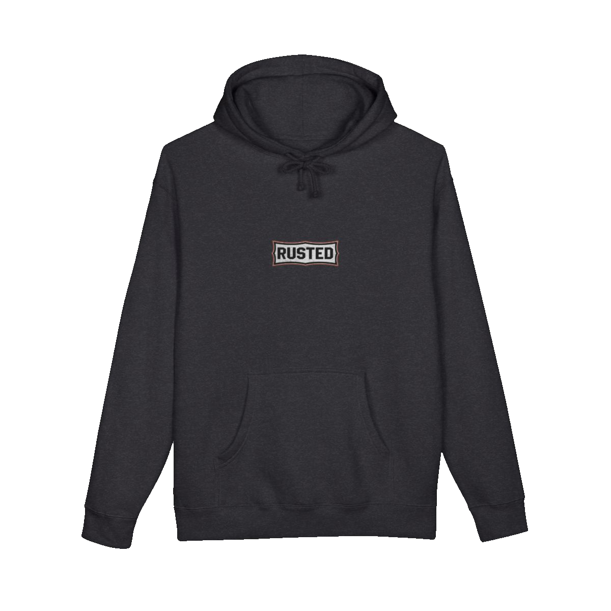 TRUST THE RUST chest badge on a charcoal heather hoodie