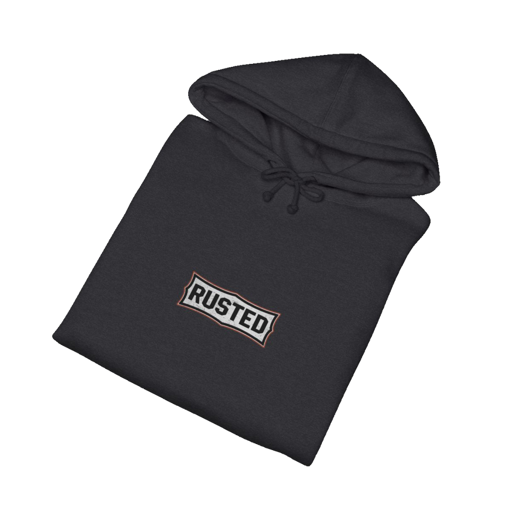 Folded charcoal heather TRUST THE RUST steam roller hoodie