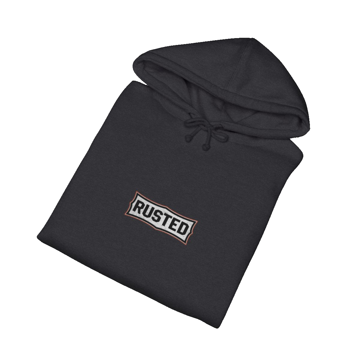 Folded charcoal heather TRUST THE RUST steam roller hoodie