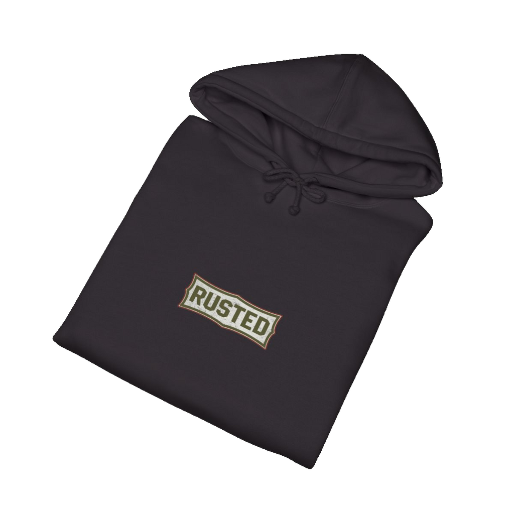 Folded black TRUST THE RUST cable dozer hoodie